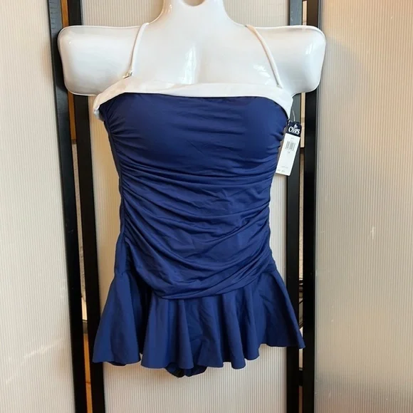 Chaps One piece Swimsuit. Blue with skirt. Size 14. Slimming Fit. - Picture 1 of 8